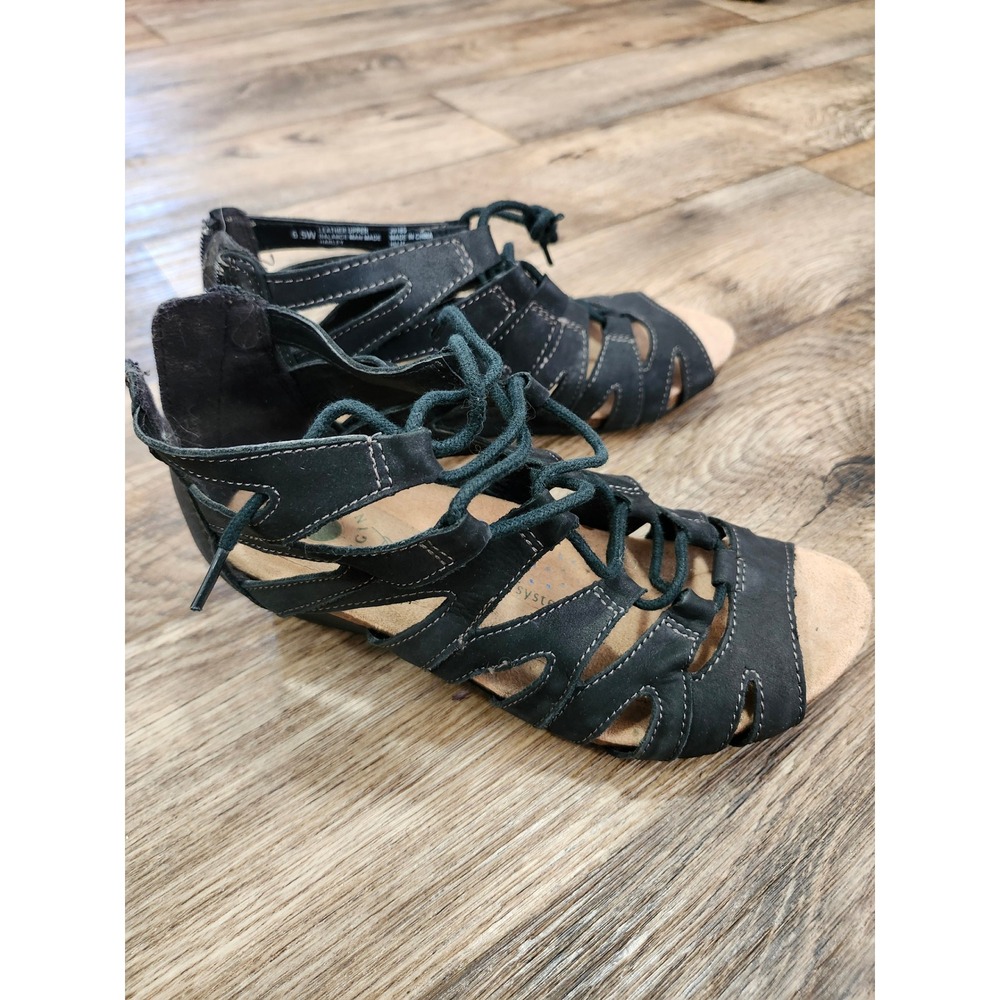 Earth Origins Harley Black Leather Gladiator Lace Up Wedge Sandals Womens 8.5 W